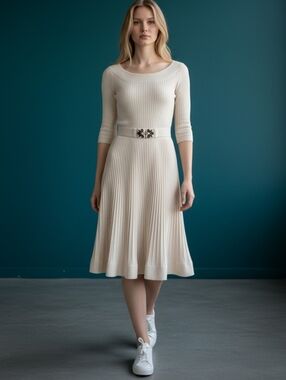 Rebecca Taylor Cream Ribbed Midi Dress with Jeweled Belt